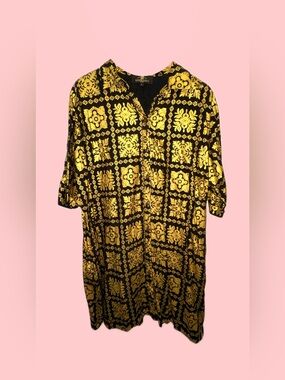 NWT LexBreezy Hawaii Black & Gold Print Aloha Button Down Dress | L